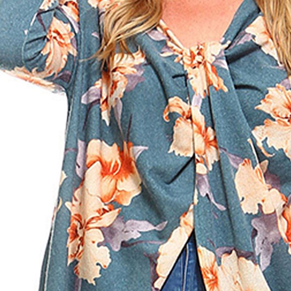 Teal Floral Knot-Front V-Neck Tunic Small - Picture 2 of 7